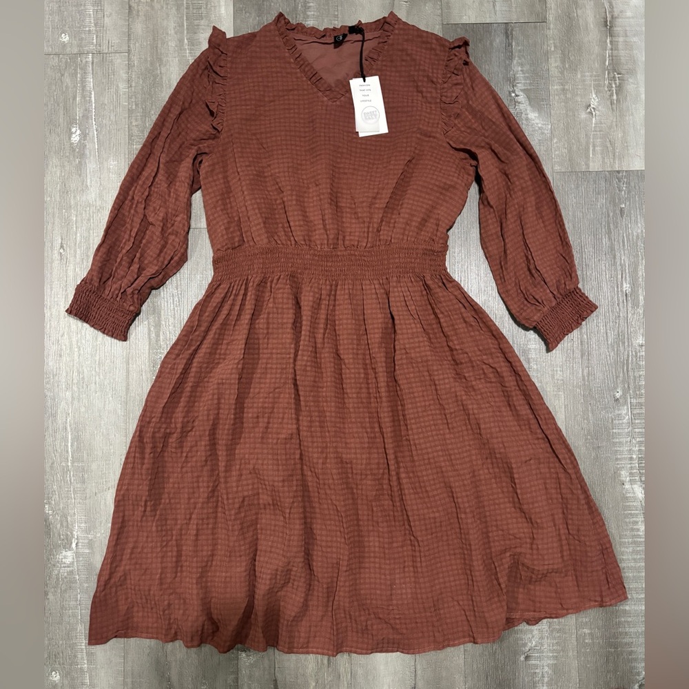 Long Sleeve V Neck Smocked Hip Ireland Dress in Cinnamon